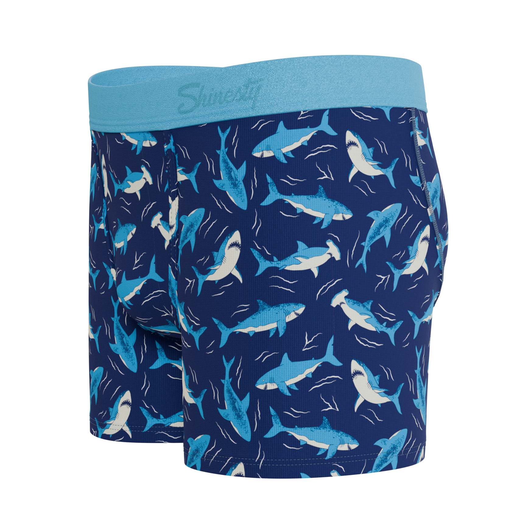 Shinesty The Shark Lark boys boxer briefs, highlighting the comfortable elastic waistband and full coverage design for active kids.