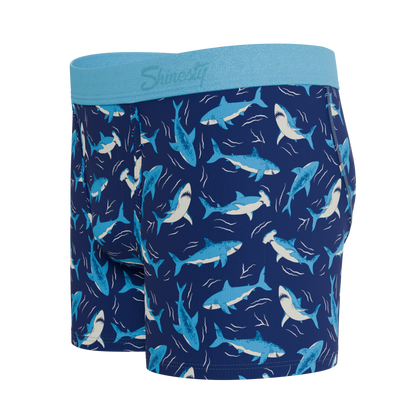 Shinesty The Shark Lark boys boxer briefs, highlighting the comfortable elastic waistband and full coverage design for active kids.