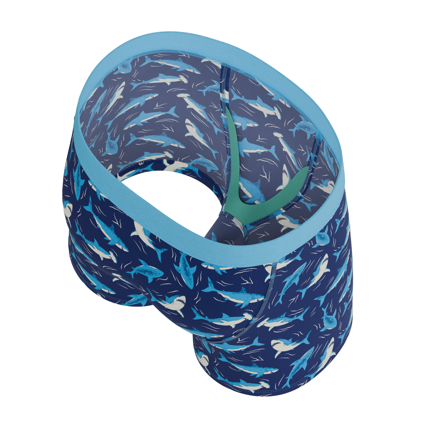 Close-up of Shinesty The Shark Lark boys underwear, showcasing the detailed blue shark and ocean print on soft, breathable fabric.