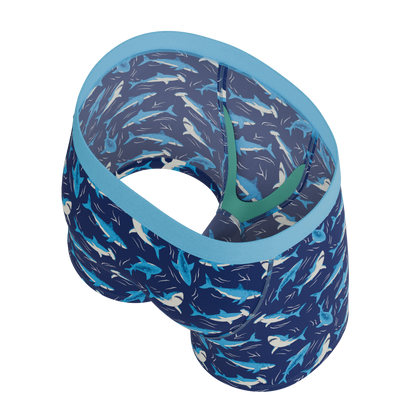 Close-up of Shinesty The Shark Lark boys underwear, showcasing the detailed blue shark and ocean print on soft, breathable fabric.