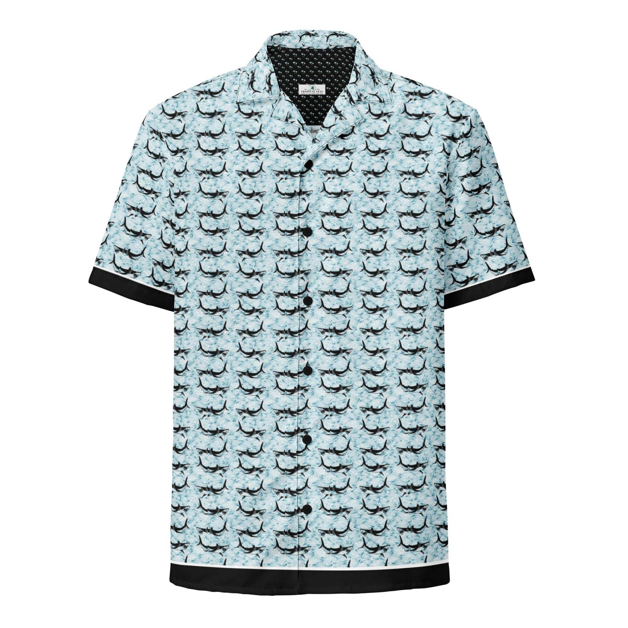 Light blue Shark Frenzy Button Down Hawaiian Shirt with black trim and repeating shark pattern, made from breathable eco-friendly fabric.