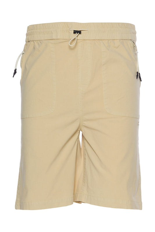 Stretch Poplin Short with elastic waistband and zippered pockets.