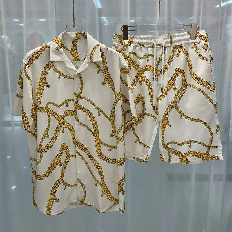 Men's spring and summer beachwear set with bold print, short sleeves, and high-quality polyester material.