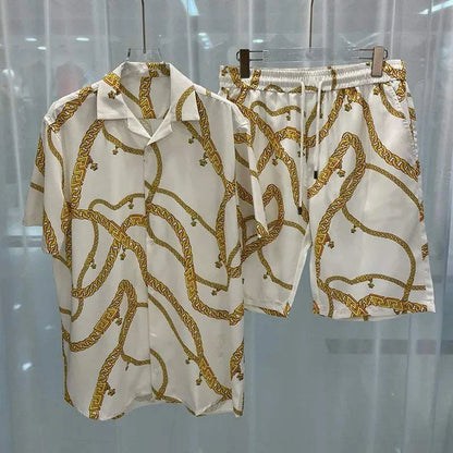 Men's spring and summer beachwear set with bold print, short sleeves, and high-quality polyester material.
