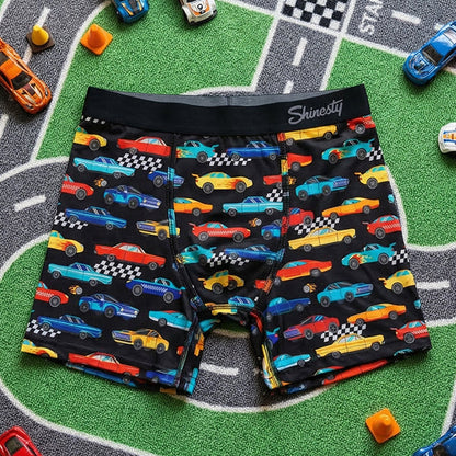 Shinesty "Start Your Engines" Racecar Boy's Boxer Briefs, vibrant red with a fun automotive car pattern, perfect boys underwear.