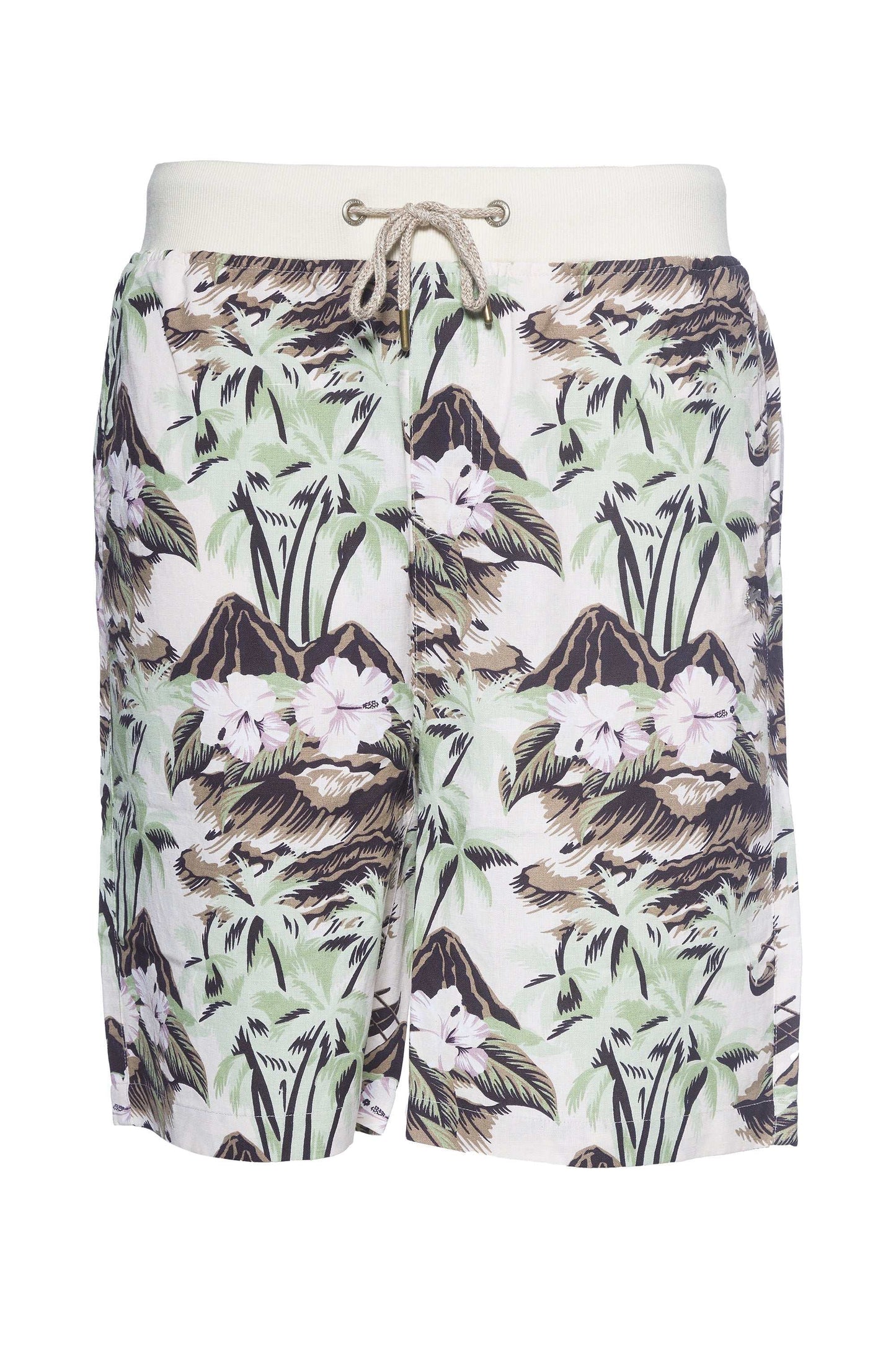 Printed linen short with tropical pattern, featuring on-seam hand pockets, back welt pockets with button closure, security zipper pocket, and rib waistband with drawcords.