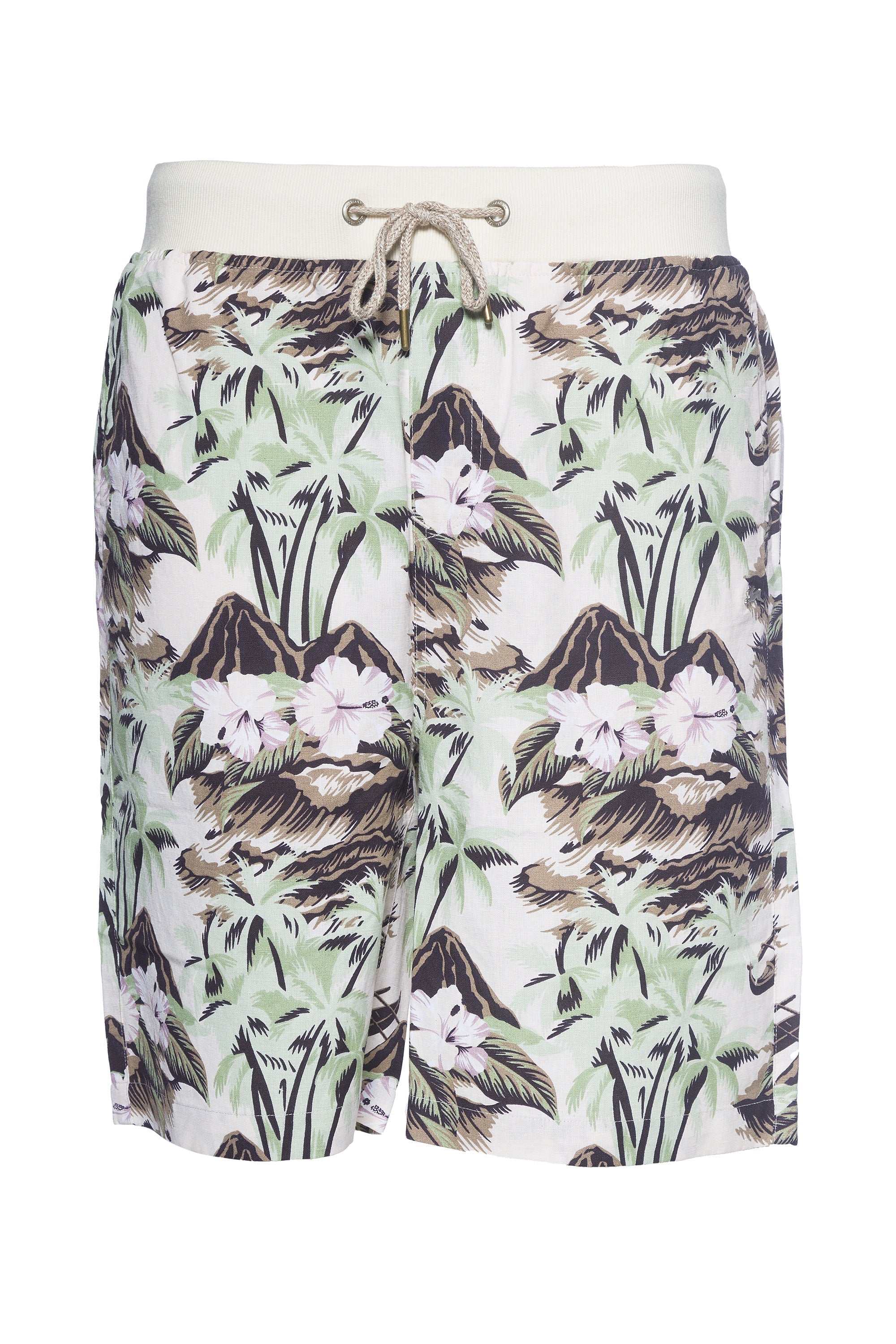 Printed linen short with tropical pattern, featuring on-seam hand pockets, back welt pockets with button closure, security zipper pocket, and rib waistband with drawcords.