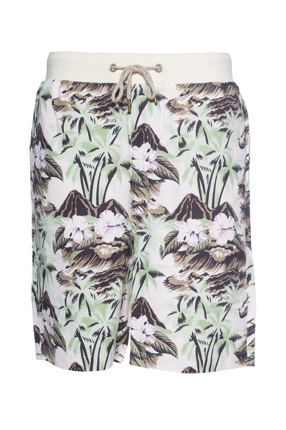 Printed linen short with tropical pattern, featuring on-seam hand pockets, back welt pockets with button closure, security zipper pocket, and rib waistband with drawcords.