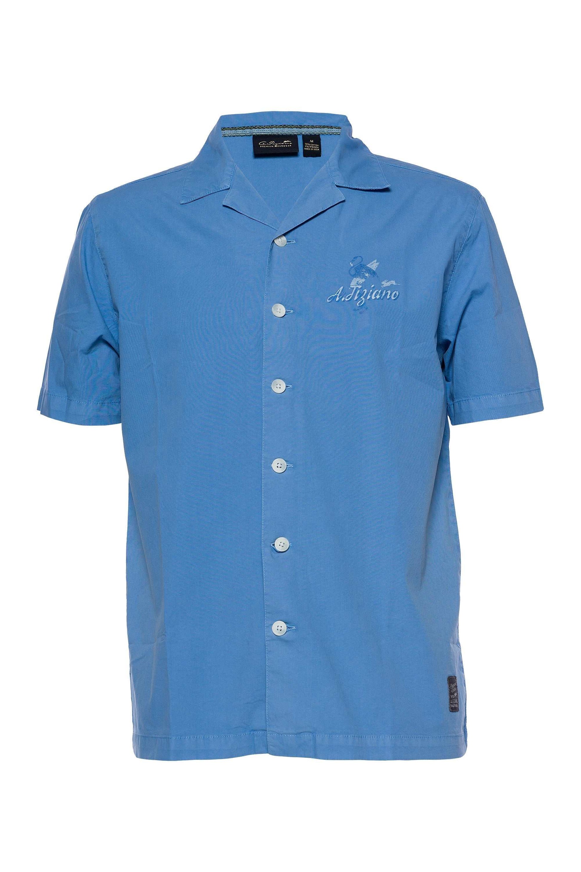 Short-sleeved blue Stockton camp collar shirt with graphics and button front closure.