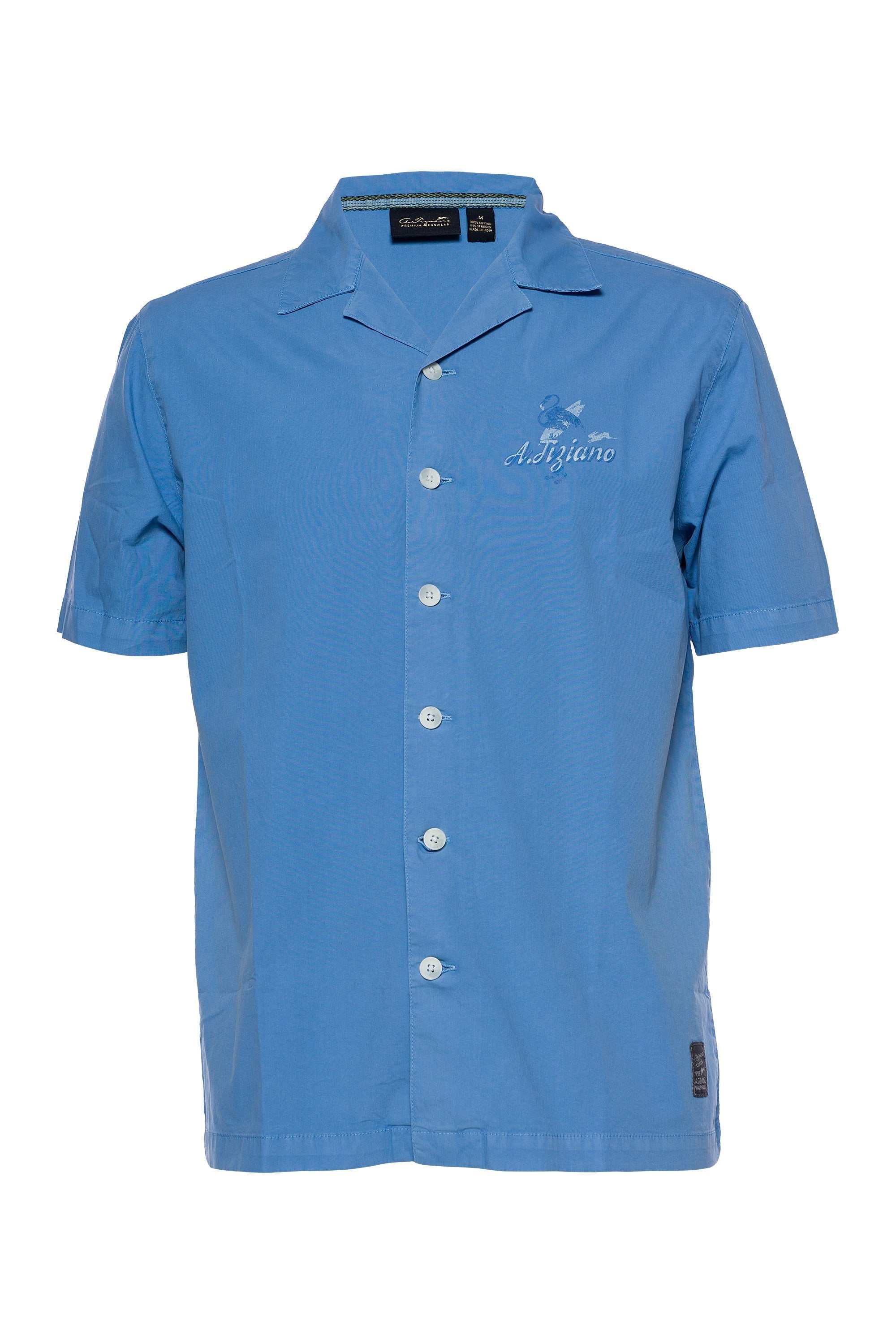 Short-sleeved blue Stockton camp collar shirt with graphics and button front closure.