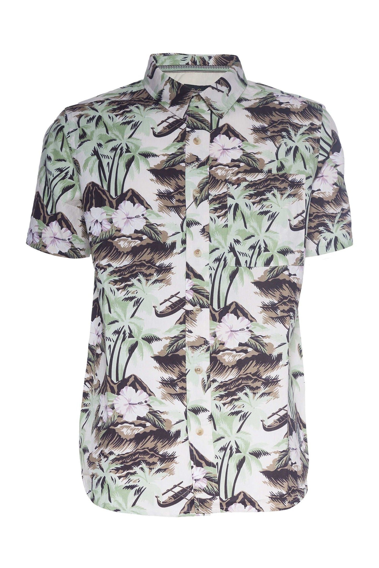 Talon printed linen shirt with floral pattern, short sleeves, button front, and chest pocket.