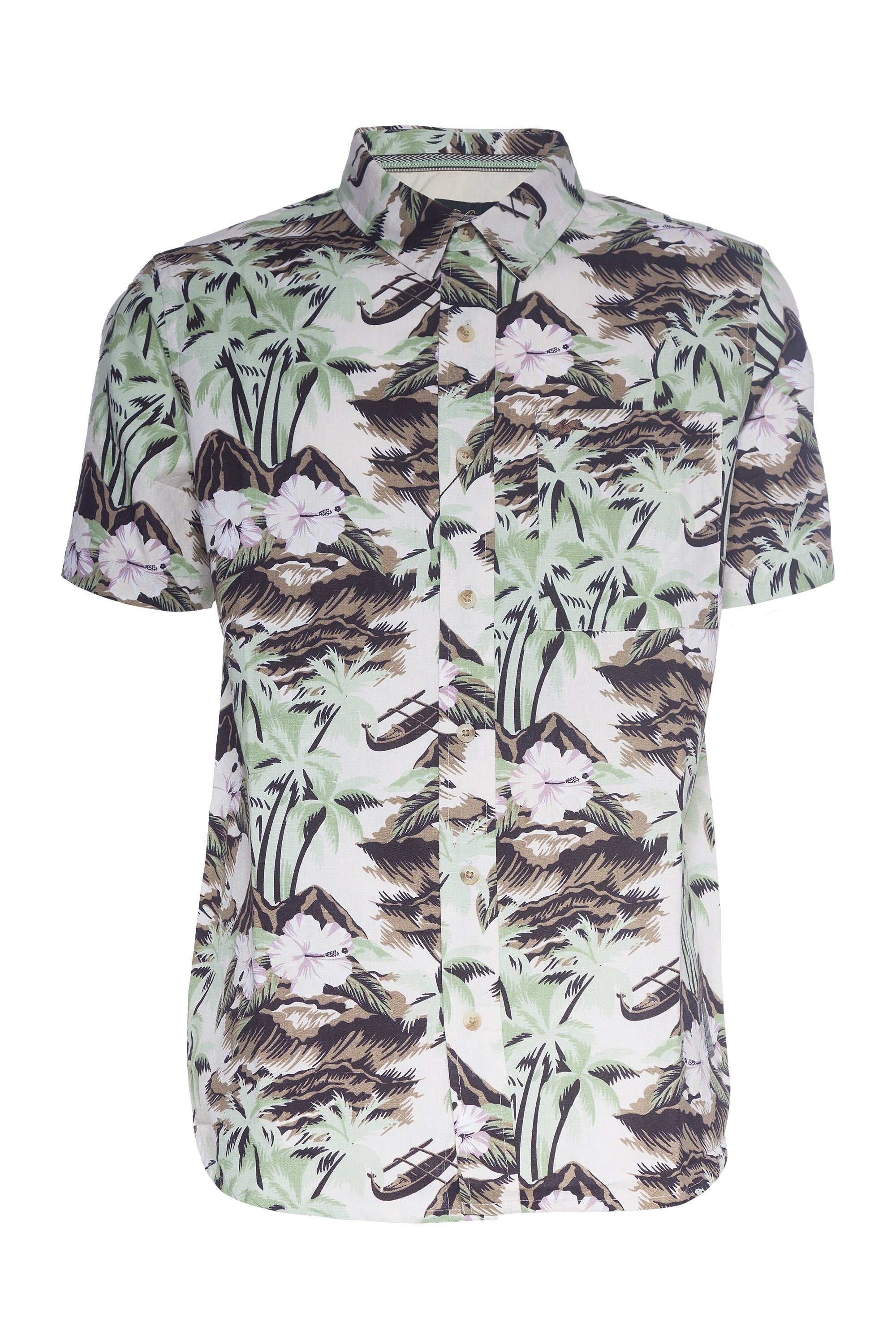 Talon printed linen shirt with floral pattern, short sleeves, button front, and chest pocket.