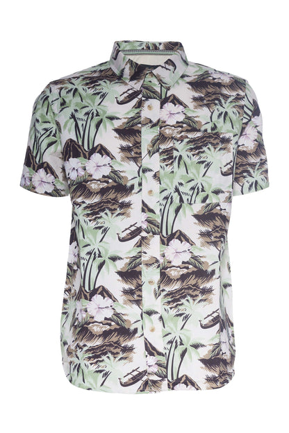 Talon printed linen shirt with floral pattern, short sleeves, button front, and chest pocket.