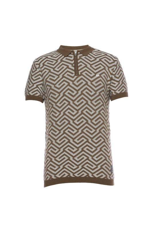 Jacquard Knit Polo with maze graphic pattern and metal zipper.
