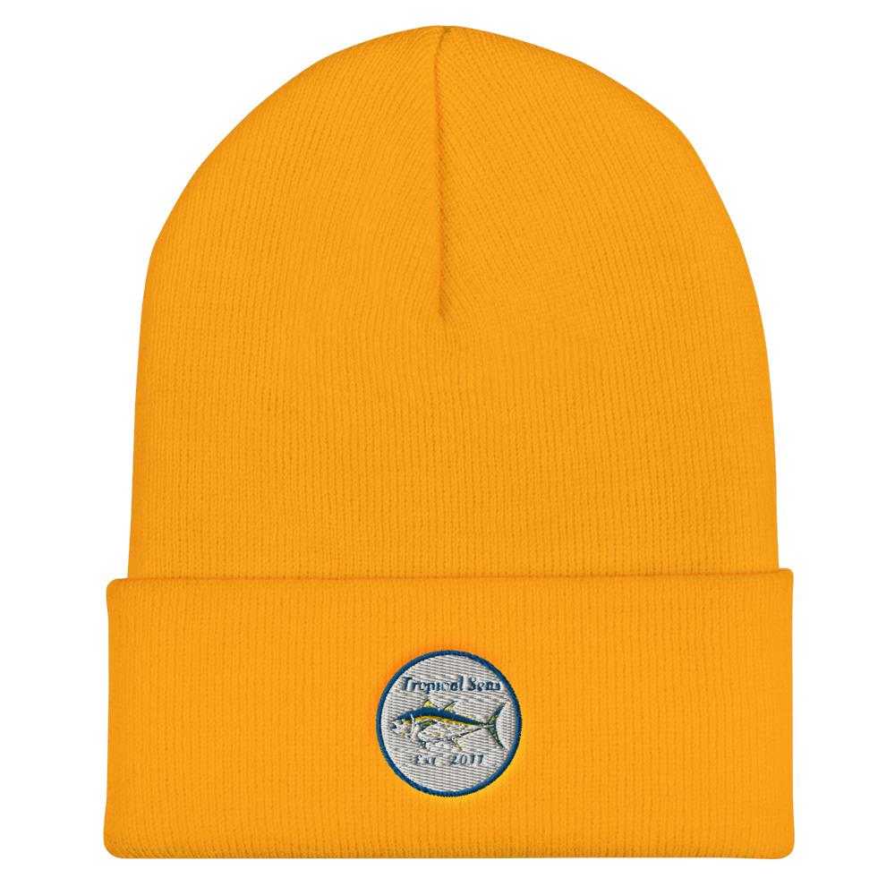 Yellow Tuna Tuna Tuna Fishing Beanie with tropical fish patch, warm and hypoallergenic for fishing and outdoor activities