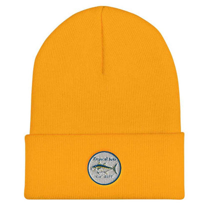 Yellow Tuna Tuna Tuna Fishing Beanie with tropical fish patch, warm and hypoallergenic for fishing and outdoor activities