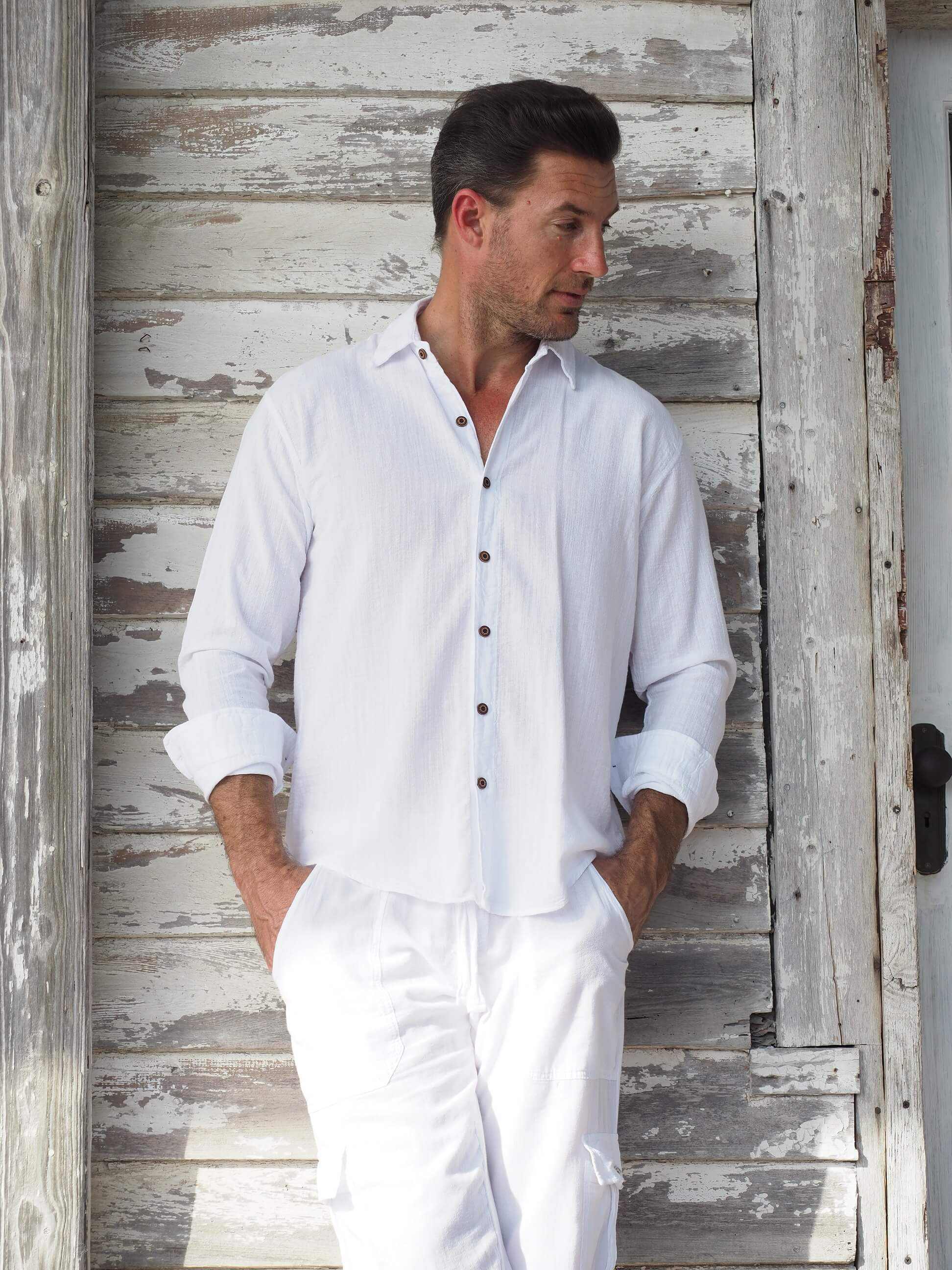 Men's roll-up sleeve VEGA SHIRT in white, with wood buttons, made from soft Peruvian Pima Cotton.