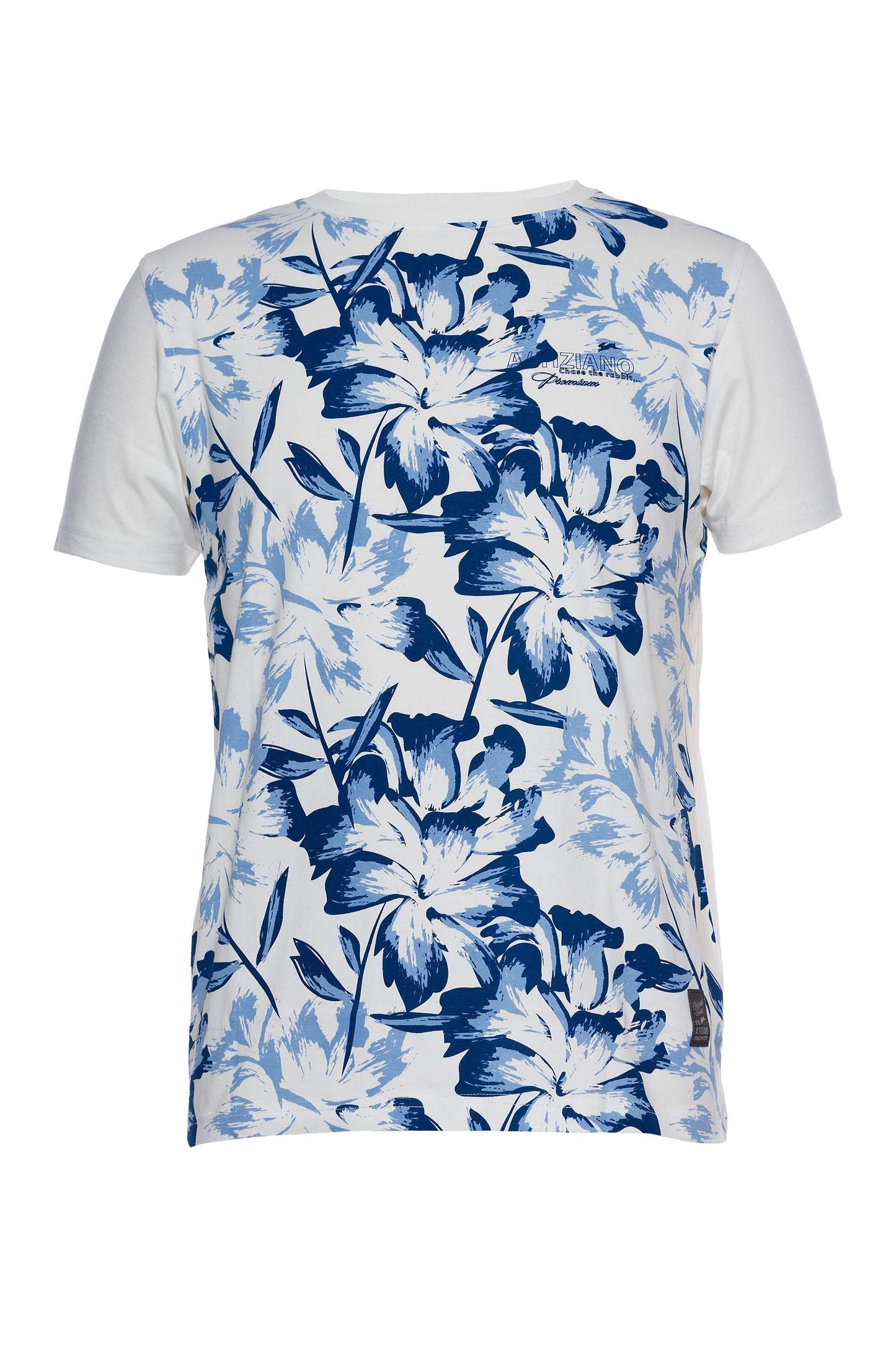 Short sleeve graphic print tee with floral design and signature rabbit embroidery on 100% cotton jersey fabric.
