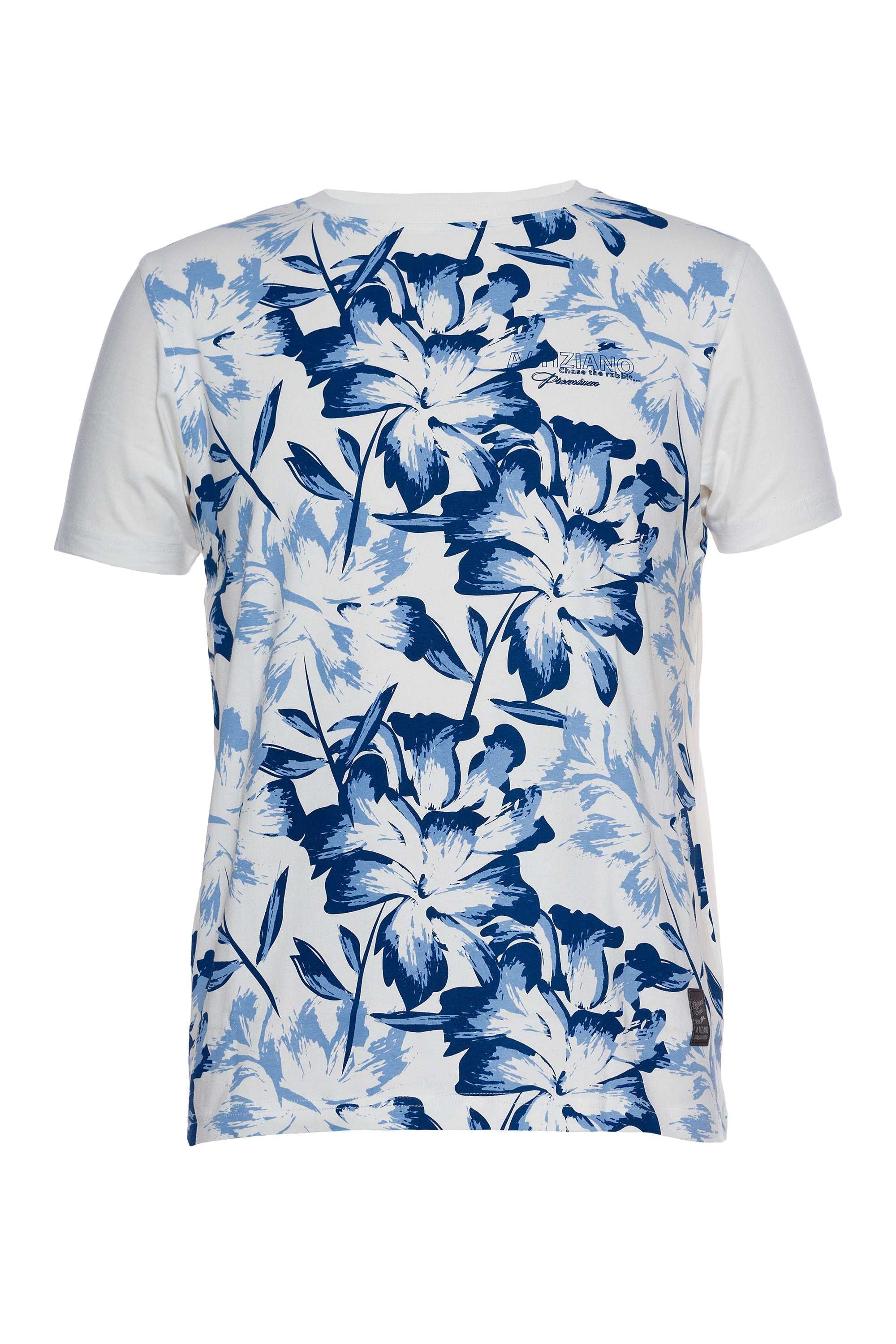 Short sleeve graphic print tee with floral design and signature rabbit embroidery on 100% cotton jersey fabric.