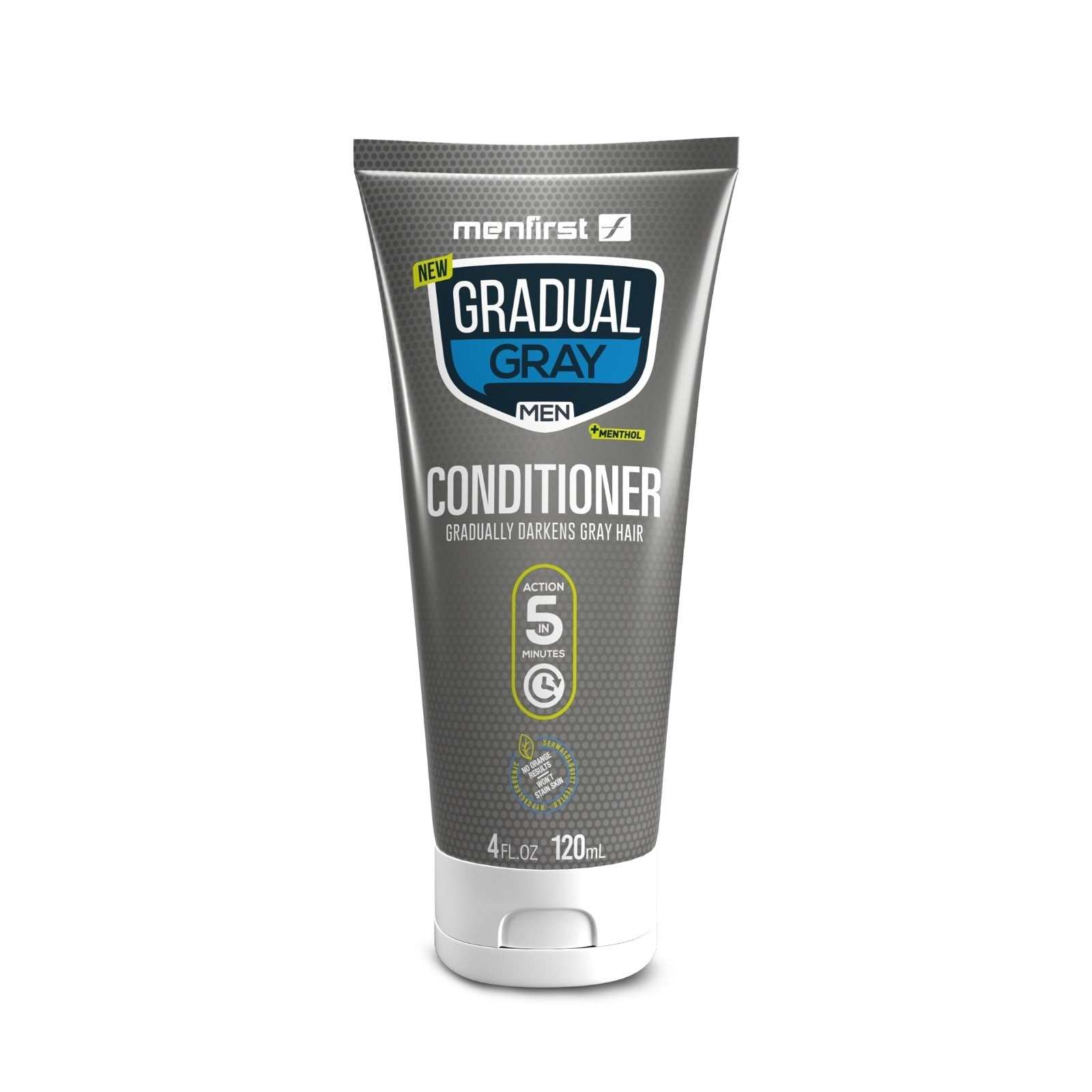 Menfirst Gradual Gray Darkening Conditioner for men 4 oz tube gradually reduces gray hair while conditioning and hydrating hair.