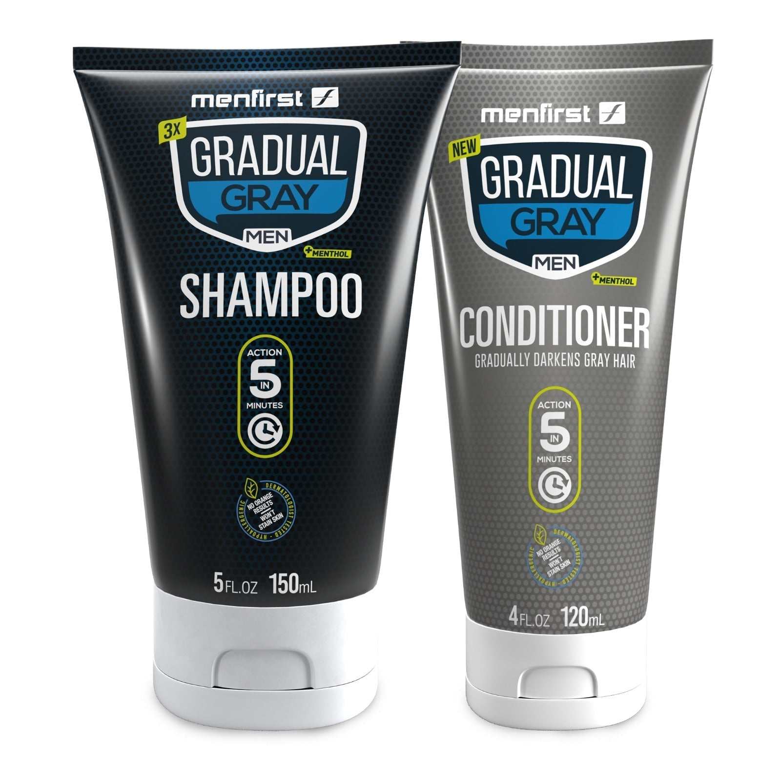 Menfirst Gradual Gray 3-in-1 shampoo and conditioner set for men, gradually darkening gray hair.