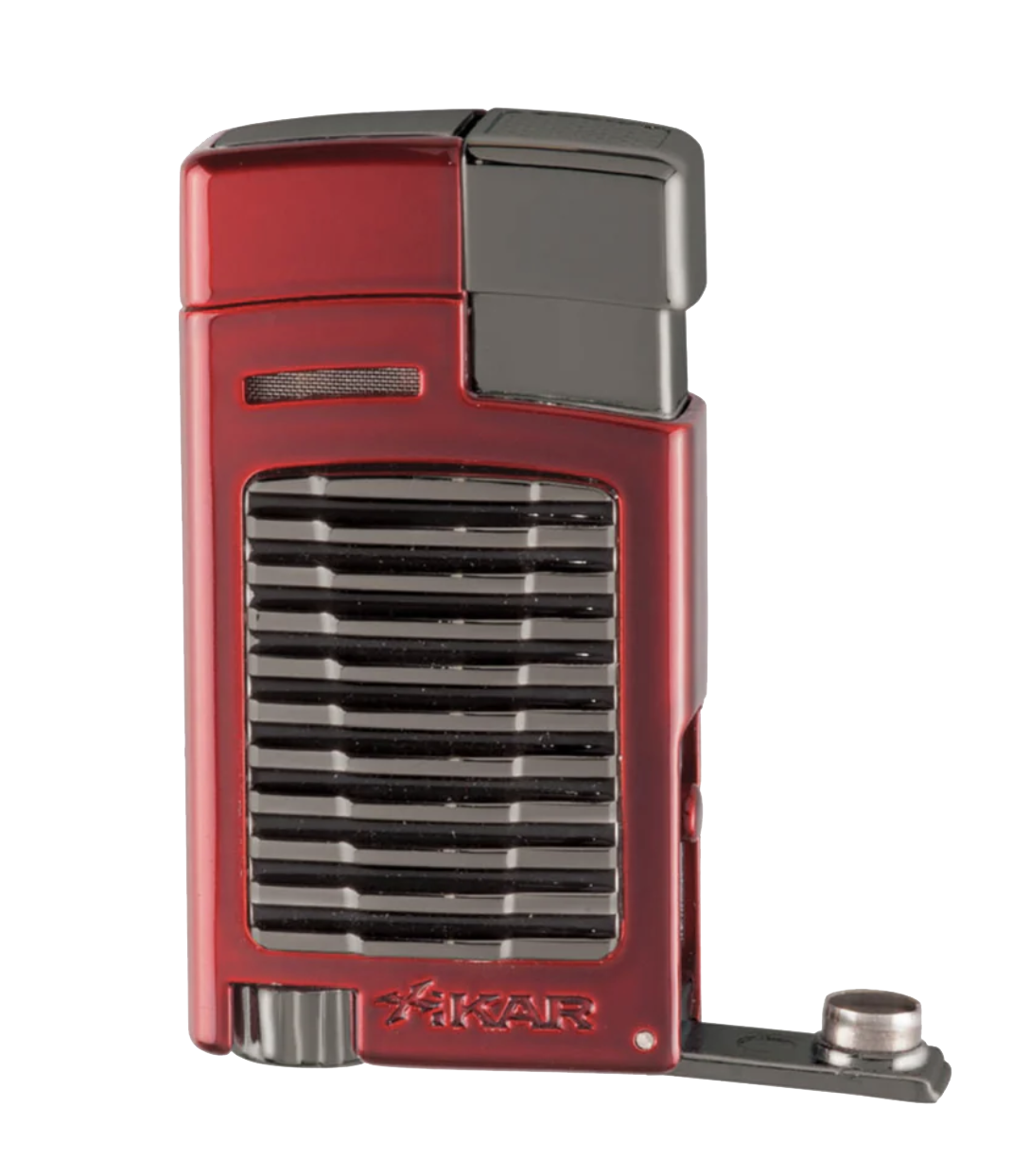 XIKAR® Forte single butane lighter in red with wind-resistant jet flame and fuel window.