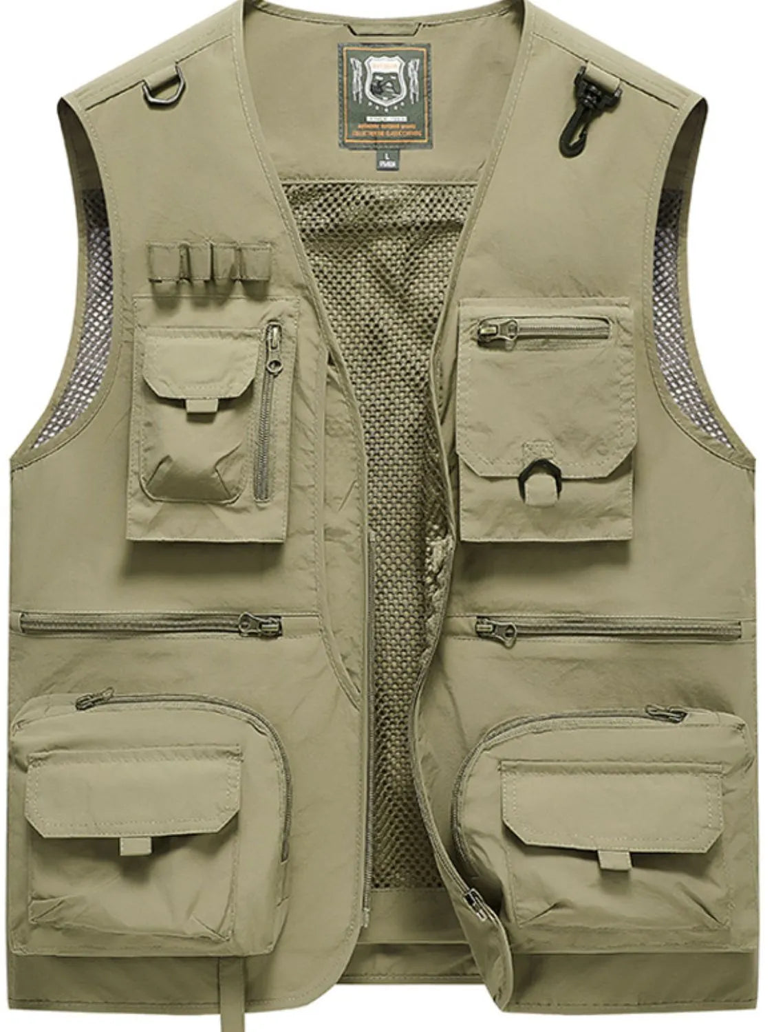 Men's full-size zip-up vest with pockets, nylon material, slightly stretchy.