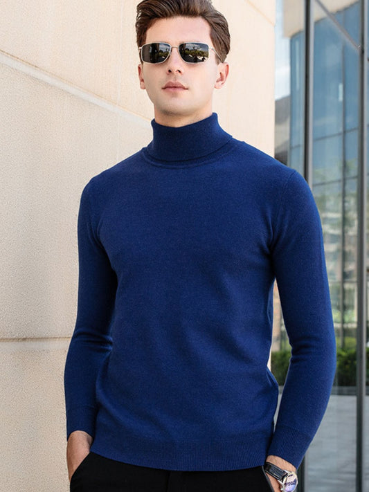 Men's plus size blue turtleneck long sleeve sweater, stretchy material.