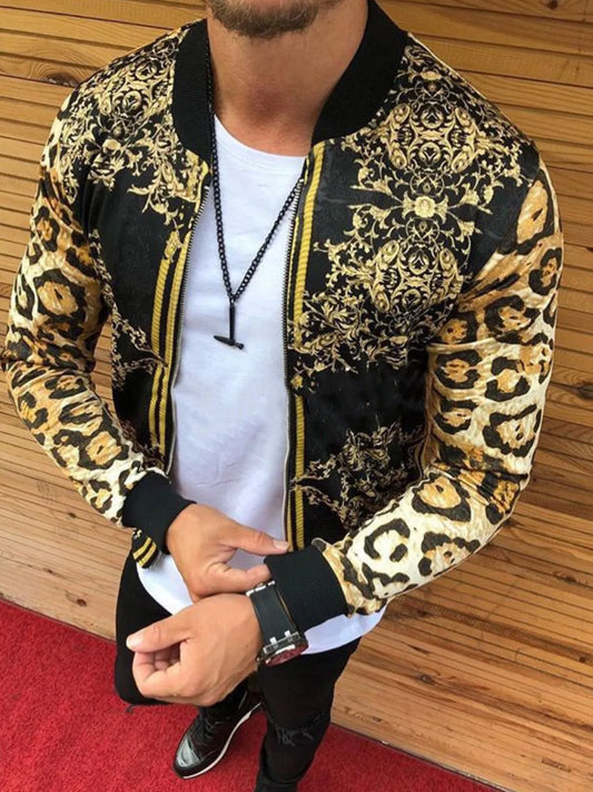 Men's full size printed zip up long sleeve top with intricate design and leopard accents.