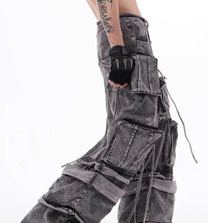 Grey Distressed Denim Cargo Overalls, Rope Stitching Mop Pants, Streetwear Utility Workwear - MENLL