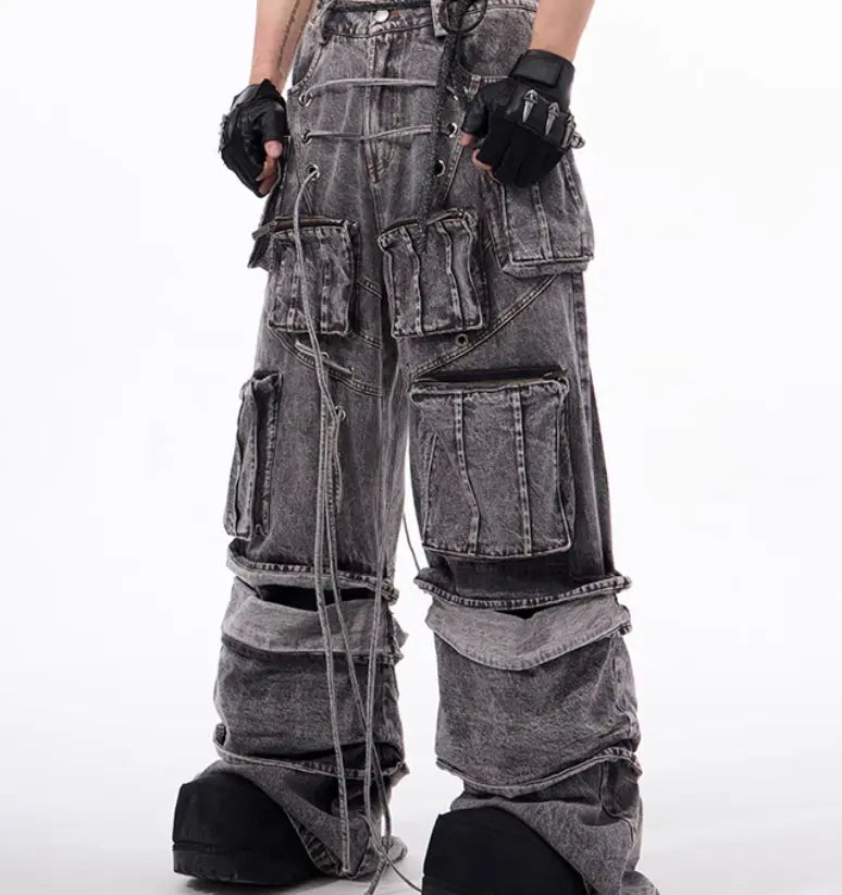 Grey Distressed Denim Cargo Overalls, Rope Stitching Mop Pants, Streetwear Utility Workwear - MENLL