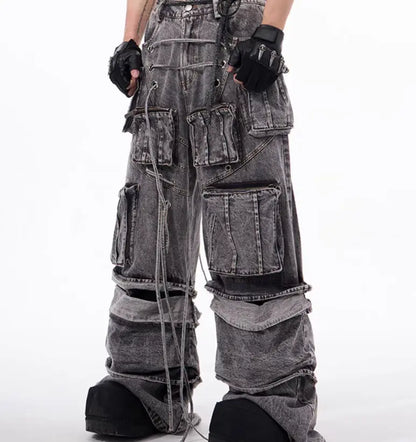 Grey Distressed Denim Cargo Overalls, Rope Stitching Mop Pants, Streetwear Utility Workwear - MENLL
