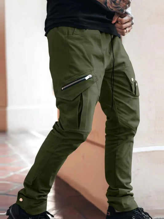Men's plus size cargo pants in olive green with zipper pockets.