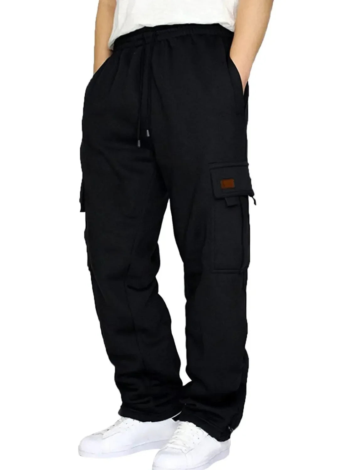 Men's full size black drawstring pants with pockets, plus size.