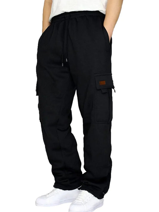 Men's full size black drawstring pants with pockets, plus size.