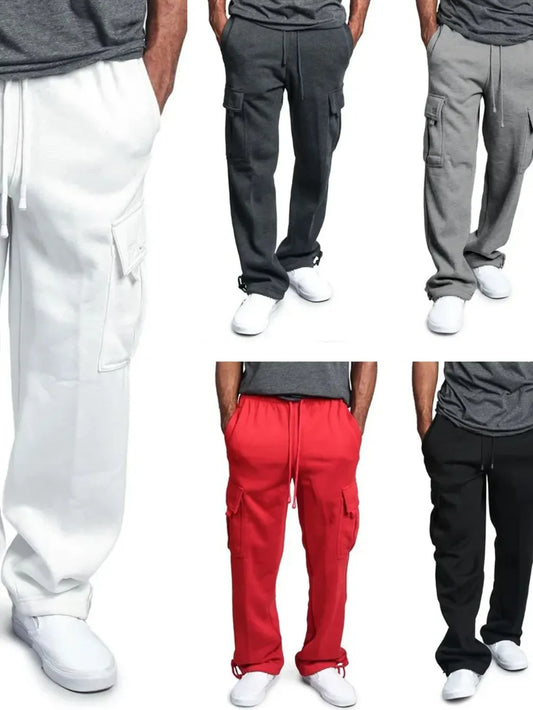 Men's full size drawstring pants in various colors, featuring pocketed design, cotton-polyester blend.