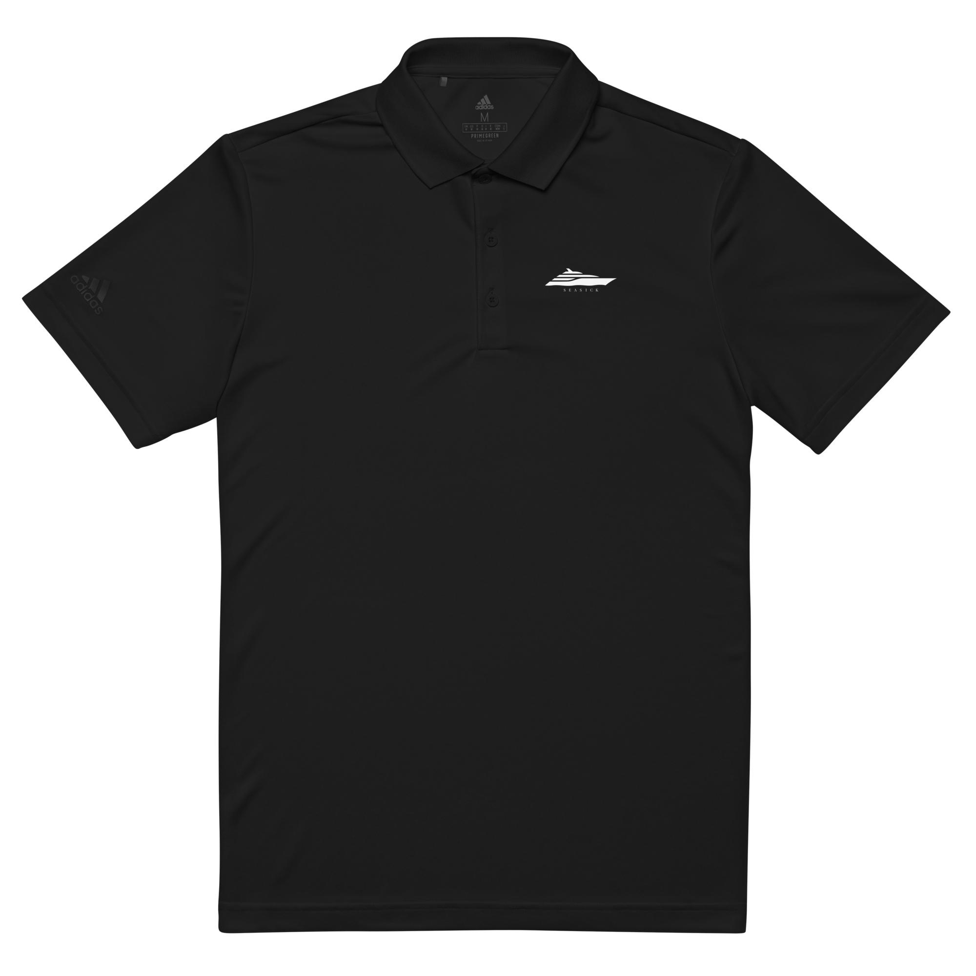 Oceans 11 - Adidas Premium Polo Shirt, black, athletic fit, moisture-wicking, flat-knit collar, three-button placket.