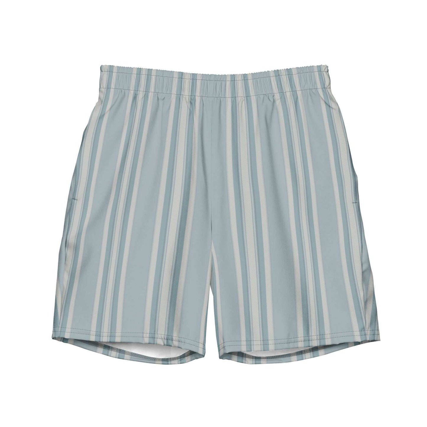 Men's Yacht Club Aristocrat swim trunks with blue and white vertical stripes, elastic waistband, and drawcord from Brinks Island Collection