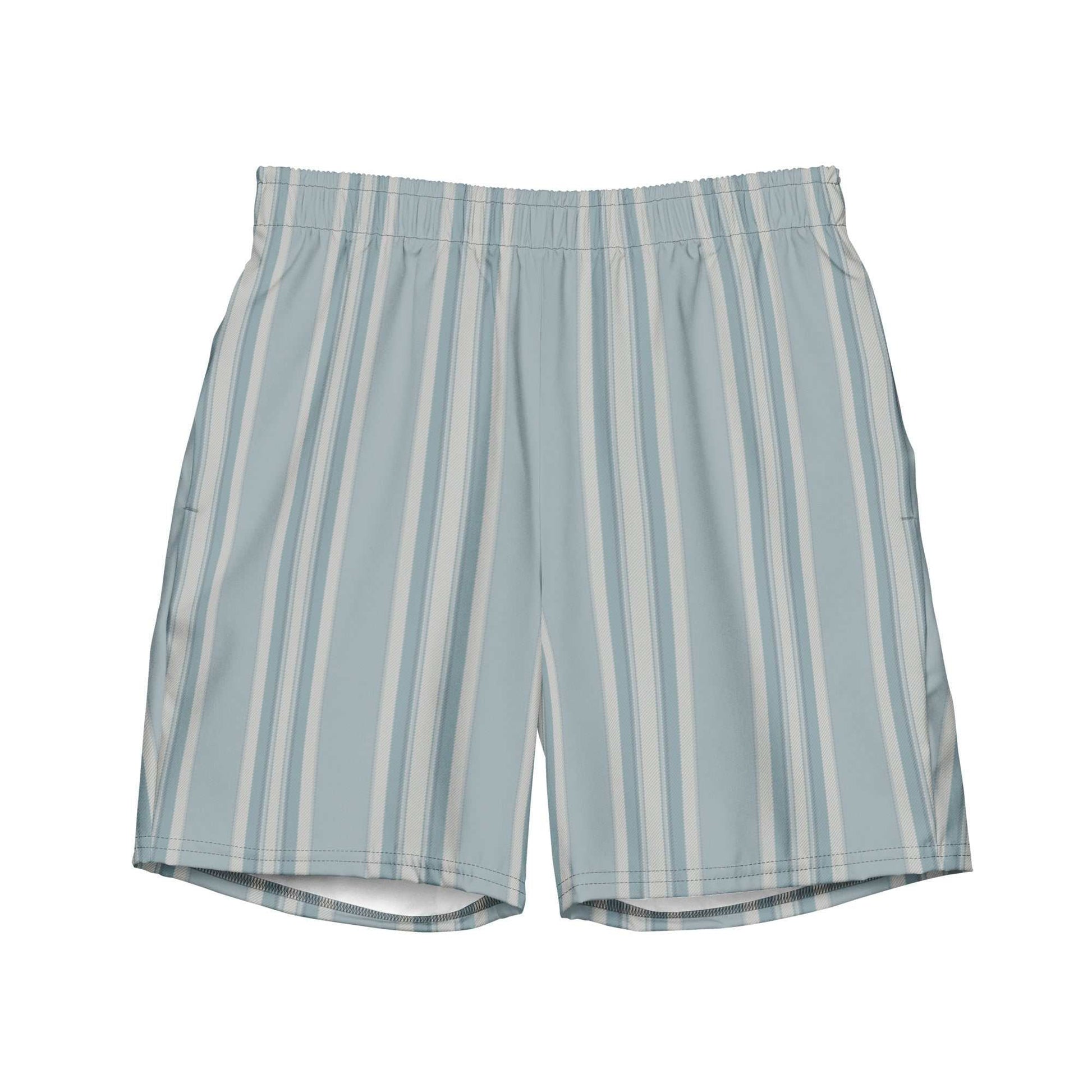 Men's Yacht Club Aristocrat swim trunks with blue and white vertical stripes, elastic waistband, and drawcord from Brinks Island Collection