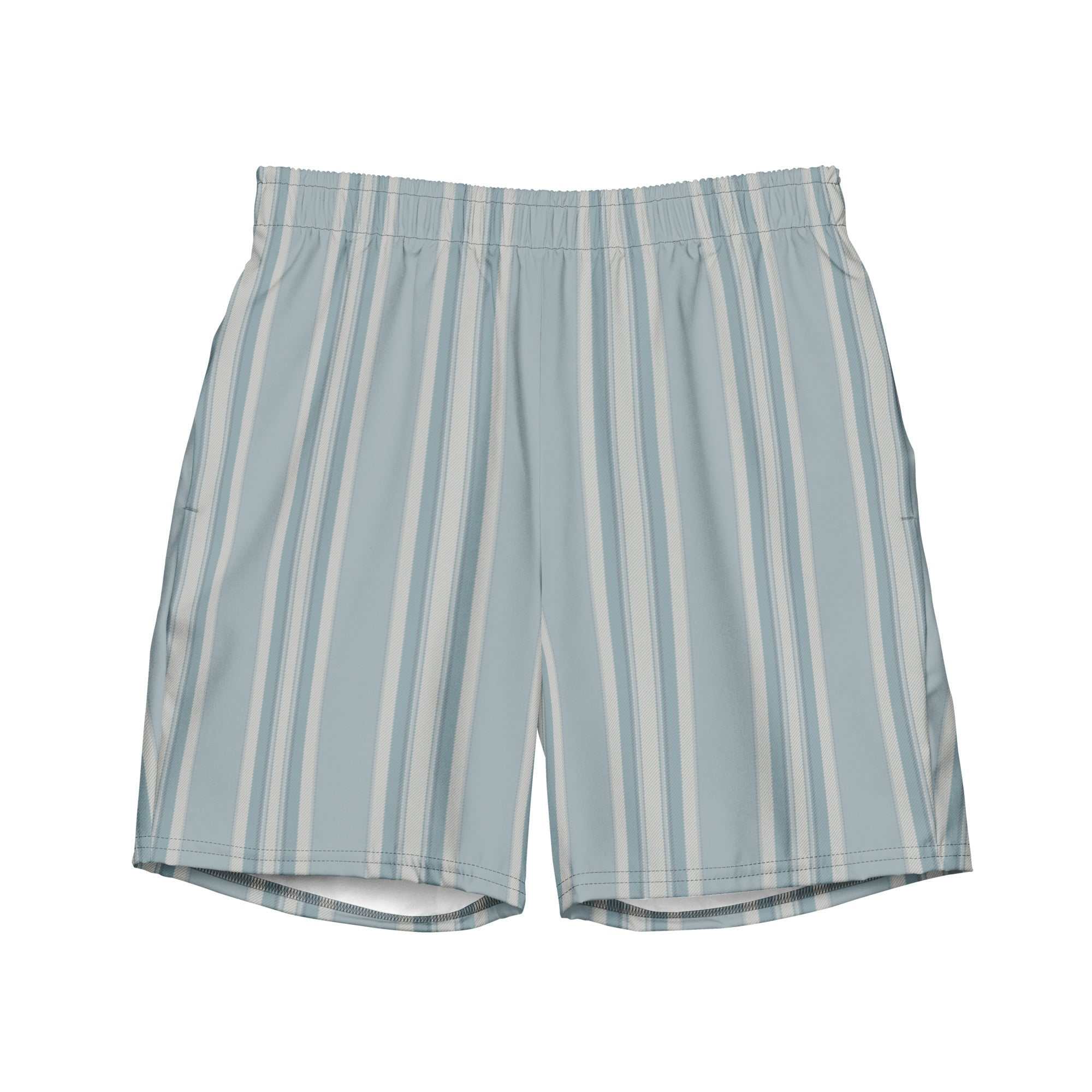 Men's Yacht Club Aristocrat swim trunks with blue and white vertical stripes, elastic waistband, and drawcord from Brinks Island Collection