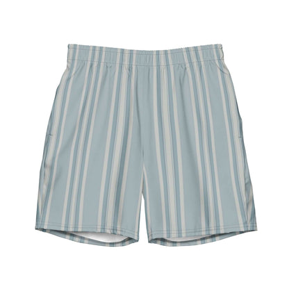Men's Yacht Club Aristocrat swim trunks with blue and white vertical stripes, elastic waistband, and drawcord from Brinks Island Collection