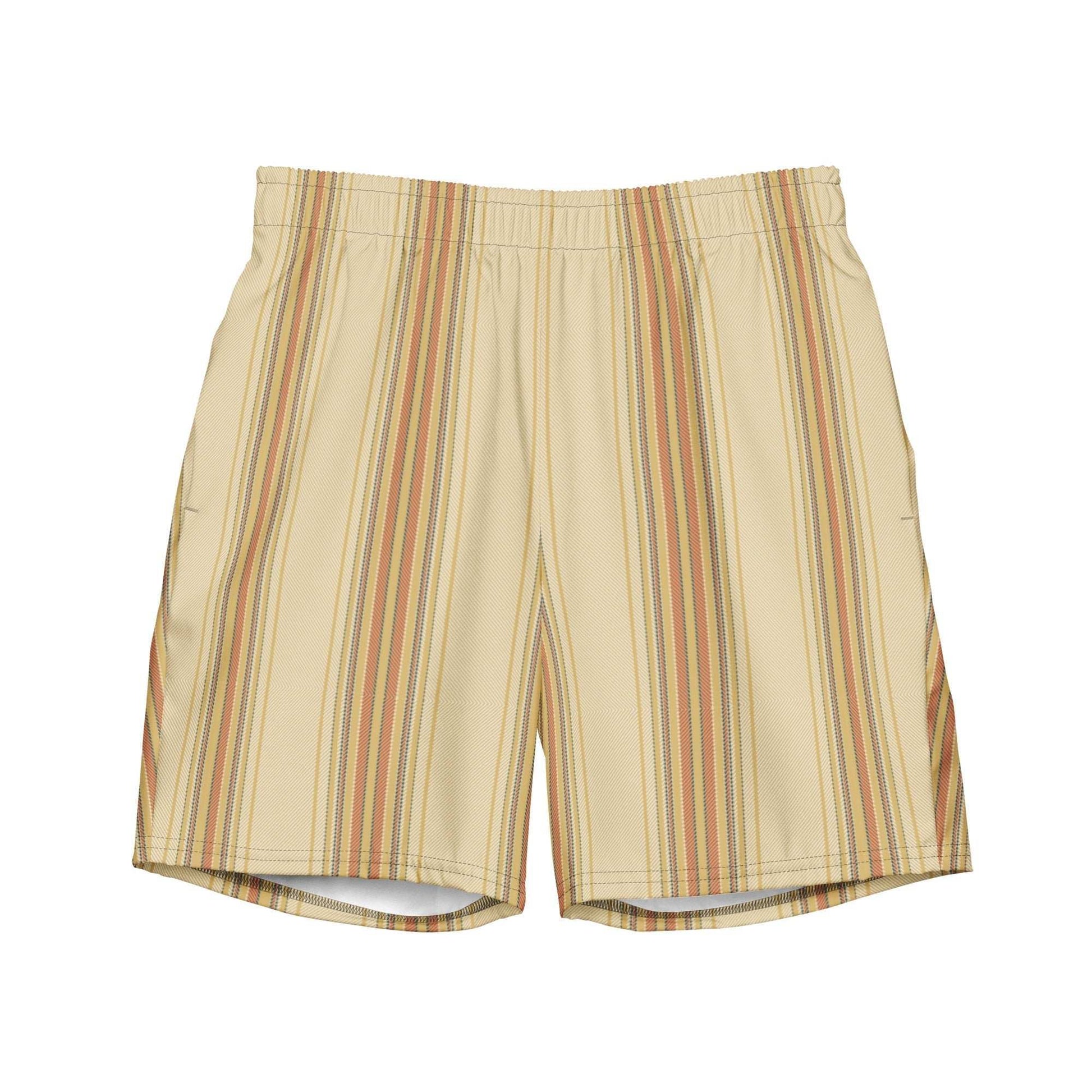 Men's Golden Isles Luxury swim trunks with beige and brown vertical stripes, elastic waistband, and quick-drying fabric from Brinks Island Collection