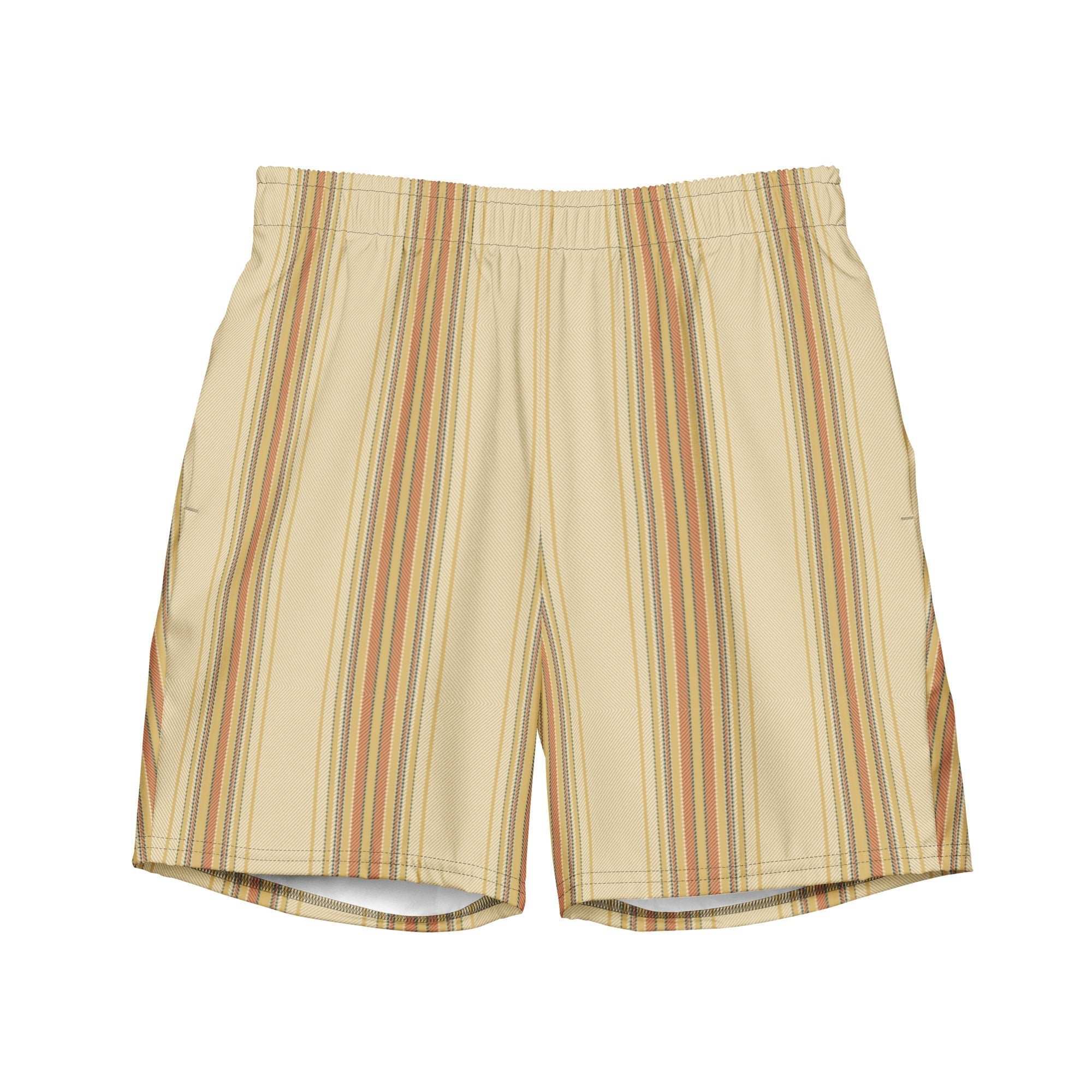 Men's Golden Isles Luxury swim trunks with beige and brown vertical stripes, elastic waistband, and quick-drying fabric from Brinks Island Collection