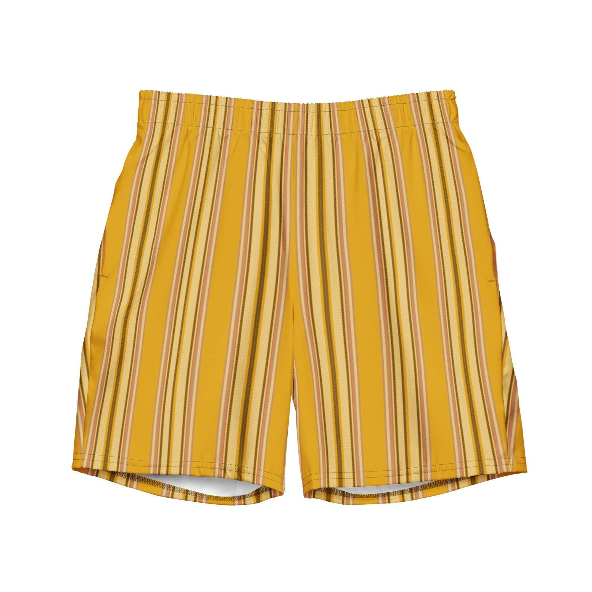 Men's Golden Sands Retreat swim trunks, yellow striped design, quick-drying, breathable.