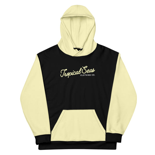 Cream Yellow Two-Tone Tropical Seas Hoodie with black detailing and logo.
