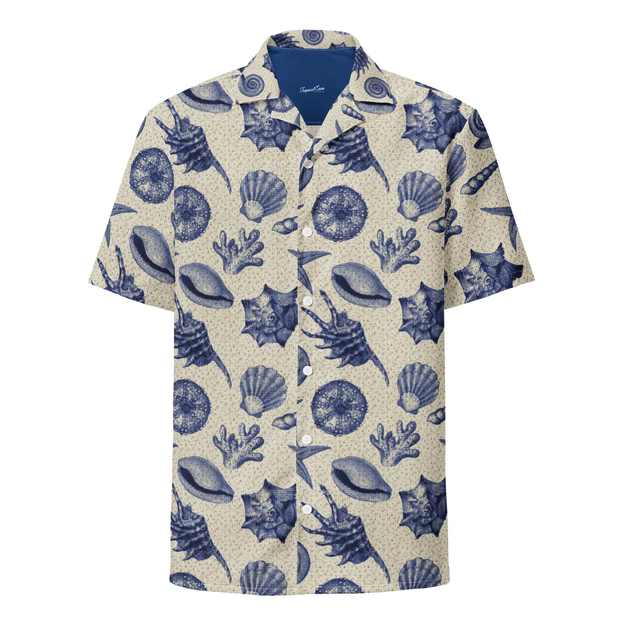 Men’s vintage beach shell Hawaiian shirt with blue shell print, lightweight, breathable, quick-dry fabric, and sustainable materials.