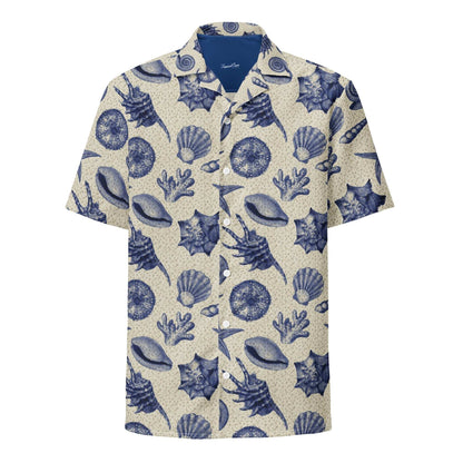 Men’s vintage beach shell Hawaiian shirt with blue shell print, lightweight, breathable, quick-dry fabric, and sustainable materials.