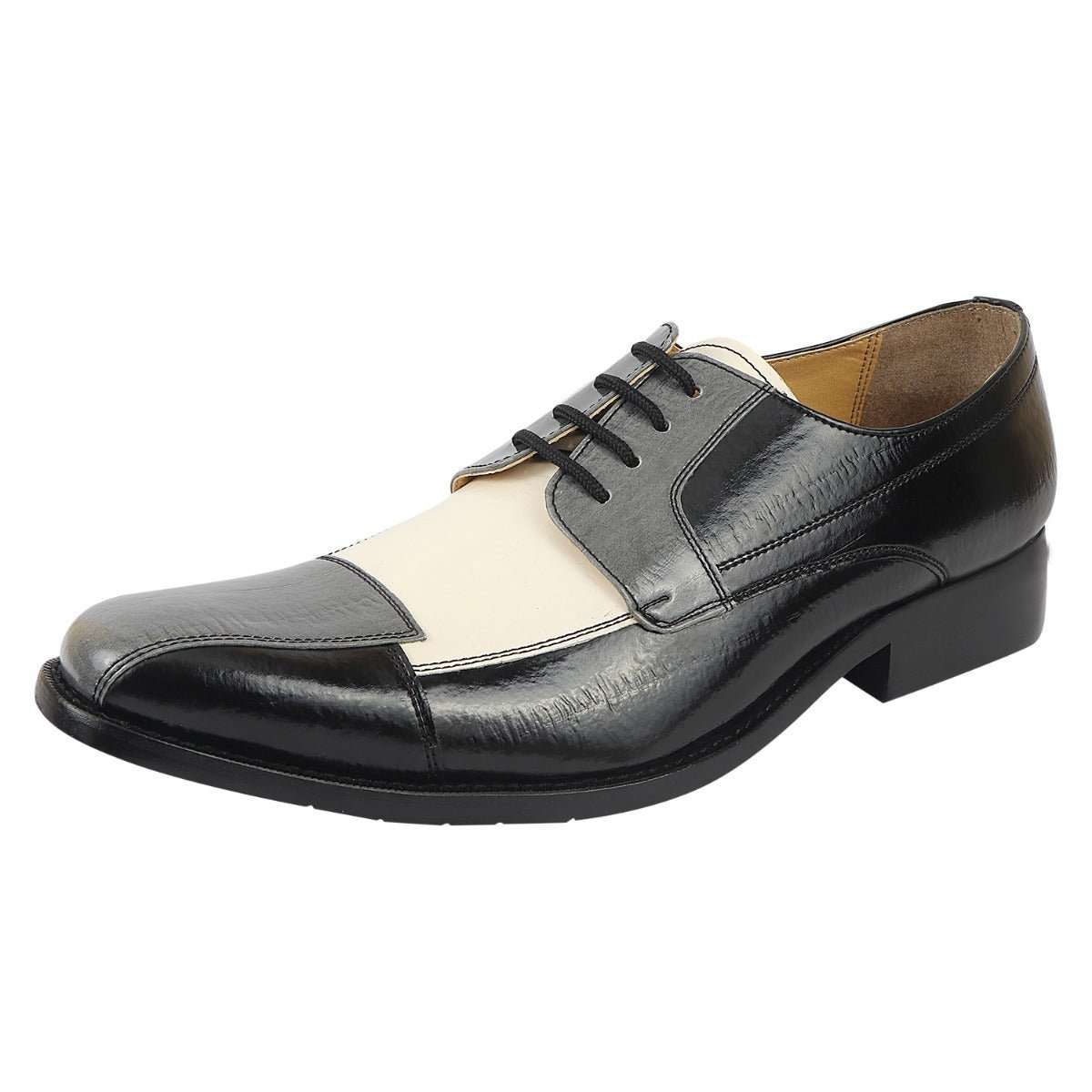 Alpha Leather Oxford style black and white dress shoes with premium leather upper and rubber sole.