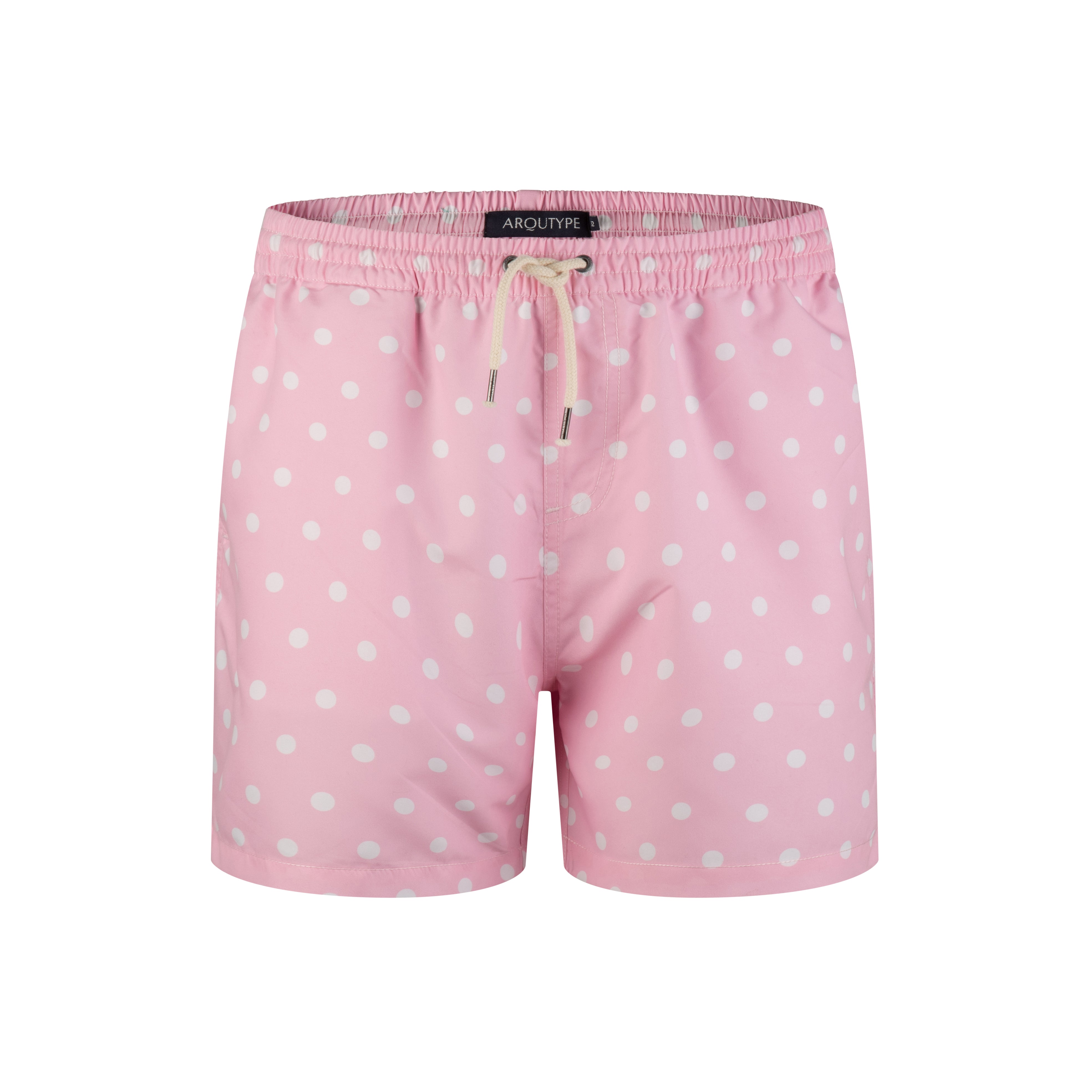 Pink polka dot Bora Bora swim shorts with elastic waistband and drawstring.