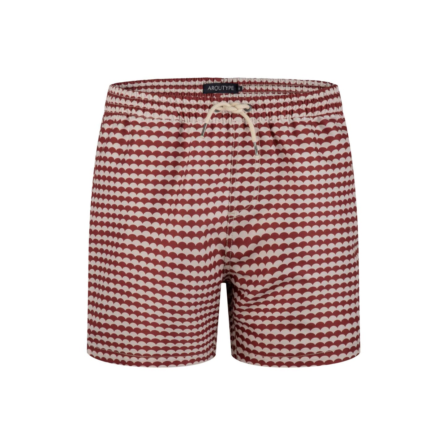 Byron Swim Shorts with elastic waistband and drawstring, featuring a red and white wave pattern.